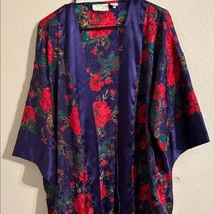 Vintage Victoria's Secret Floral Robe- Red and Blue Paisley Floral Print Elegant